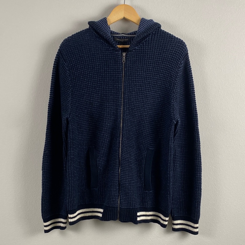 Banana Republic Factory Varsity Striped Waffle Knit Full Zip Hooded Sweater